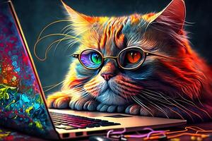 Close-up of a cute bright cat with glasses at a desk with a laptop. photo