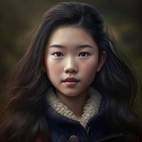 Portrait of a cute serious Asian teenage girl. Avatar. AI generation photo