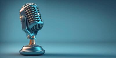 Close-up metallic microphone isolated on clean background banner. photo