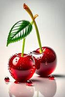 Two fresh juicy cherries with water drops isolated on white background. photo