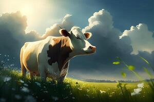 A cow grazes in a meadow on a sunny day. . photo