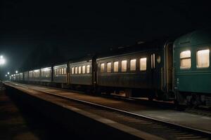 passenger train at night. AI Generated photo