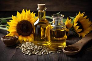 Sunflower oil in a glass bottle. photo