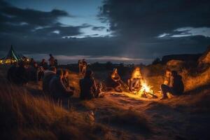 turistas sentar por el fuego noche ai generado foto