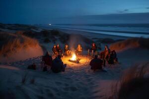 Tourists sit by the fire evening photo