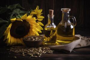 Sunflower oil in a glass bottle. photo