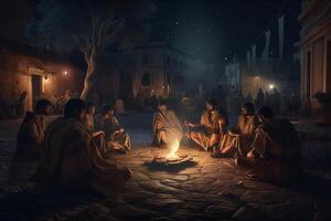 personas sentado el fuego noche romano imperio. ai generado foto