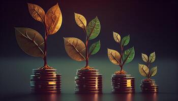 a row of stacks of coins with a plant growing out of them. Tree leaf on save money coins, Business finance saving banking investment concept photo