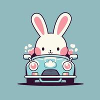 A cartoon rabbit driving a car with a blue background. vector
