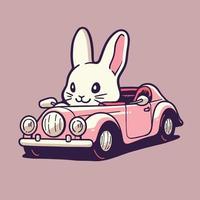 un Conejo en un coche con un rosado antecedentes. vector