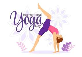 International Yoga Day Illustration on June 21 with Woman Doing Body Posture Practice or Meditation in Healthcare Flat Cartoon Hand Drawn Templates vector