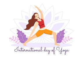 internacional yoga día ilustración en junio 21 con mujer haciendo cuerpo postura práctica o meditación en cuidado de la salud plano dibujos animados mano dibujado plantillas vector