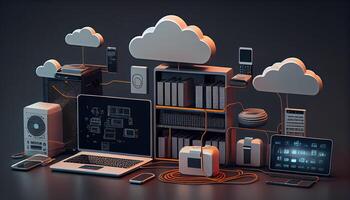 Cloud technology computing Devices connected to digital storage in the data center via the Internet IOT Smart Home Communication laptop tablet phone devices Businessman using Technology photo