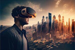 Metaverse concept and virtual world elements. virtual reality headset photo