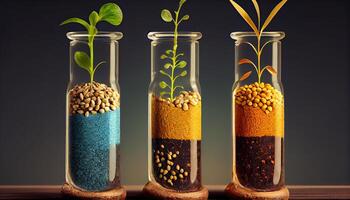 Plant seeds in test tubes for genetics research. Laboratory Analysis of Agricultural Commodities photo