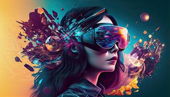 AI Metaverse concept collage design with wearing VR headset with smart glasses futuristic technology photo