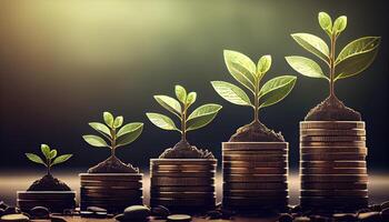 a row of stacks of coins with a plant growing out of them. Tree leaf on save money coins, Business finance saving banking investment concept photo