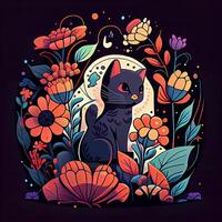 Floral Cartoon Cute Cat - photo