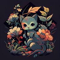 Floral Cartoon Cute Cat - photo