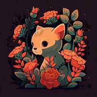 Floral Cartoon Cute Cat - photo