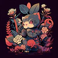 Floral Cartoon Cute Cat - photo