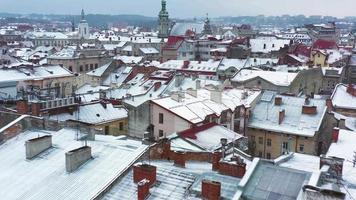 Aerial view of the historical center of Lviv in winter. Shooting with drone video