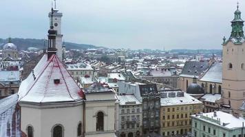 Aerial view of the historical center of Lviv in winter. Shooting with drone video