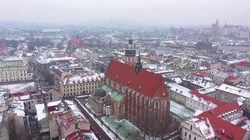 Aerial view of Wawel royal Castle and Cathedral, Vistula River, park, promenade and walking people in winter. Poland video
