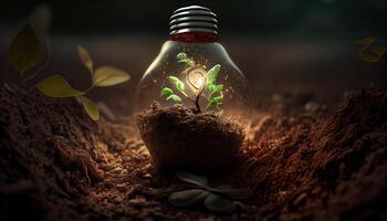 Green Energy and a Bright Future A Light Bulb in Soil photo