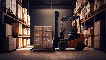 Forklift loads pallets and boxes in warehouse photo