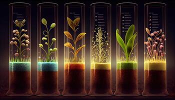 planta semillas en prueba tubos para genética investigación. laboratorio análisis de agrícola materias primas generado ai foto