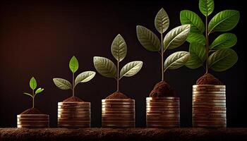 a row of stacks of coins with a plant growing out of them. Tree leaf on save money coins, Business finance saving banking investment concept photo