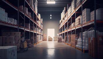 Large industrial warehouse with shelves full of goods photo