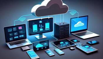 Cloud technology computing Devices connected to digital storage in the data center via the Internet IOT Smart Home Communication laptop tablet phone devices Businessman using Technology photo