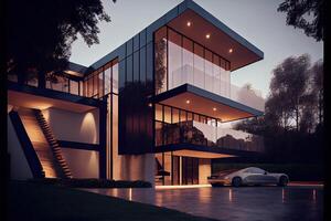 Evening view of a luxurious modern house photo