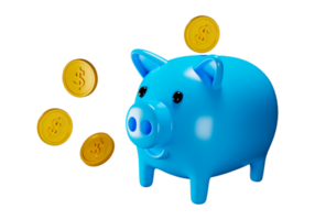 3d rendering Blue piggy bank with coins transparency illustration png