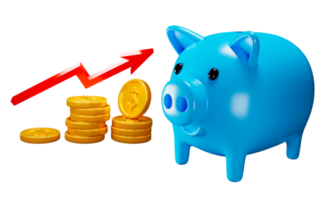 3d rendering Blue piggy bank with red arrow and stack coins transparency png