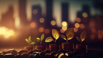 a row of stacks of coins with a plant growing out of them. Tree leaf on save money coins, Business finance saving banking investment concept photo