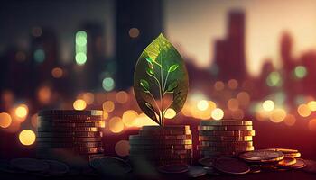 a row of stacks of coins with a plant growing out of them. Tree leaf on save money coins, Business finance saving banking investment concept photo