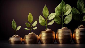 a row of stacks of coins with a plant growing out of them. Tree leaf on save money coins, Business finance saving banking investment concept photo