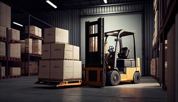 Forklift loads pallets and boxes in warehouse photo