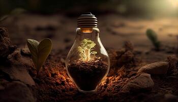 Green Energy and a Bright Future A Light Bulb in Soil photo