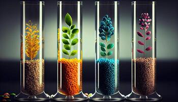 Plant seeds in test tubes for genetics research. Laboratory Analysis of Agricultural Commodities photo