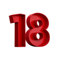 3d illustration de rouge nombre 18 ou dix-huit interne ombre png