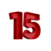 3d illustration of red number 15 or Fifteen inner shadow png