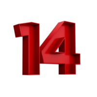 3d illustration of red number 14 or Fourteen inner shadow png