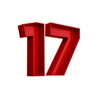 3d illustration of red number 17 or Seventeen inner shadow png