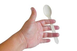 Hand holding a wood spoon on white background. photo