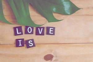 Text word Love is on wood table , love concept. photo