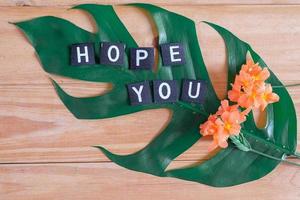 esperanza usted etiqueta con flor en madera mesa. foto